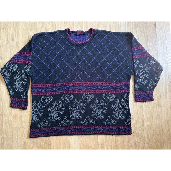 80s Vintage Geometric Floral Knit Sweater Black with Purple and Pink size XL - Picture 5 of 8